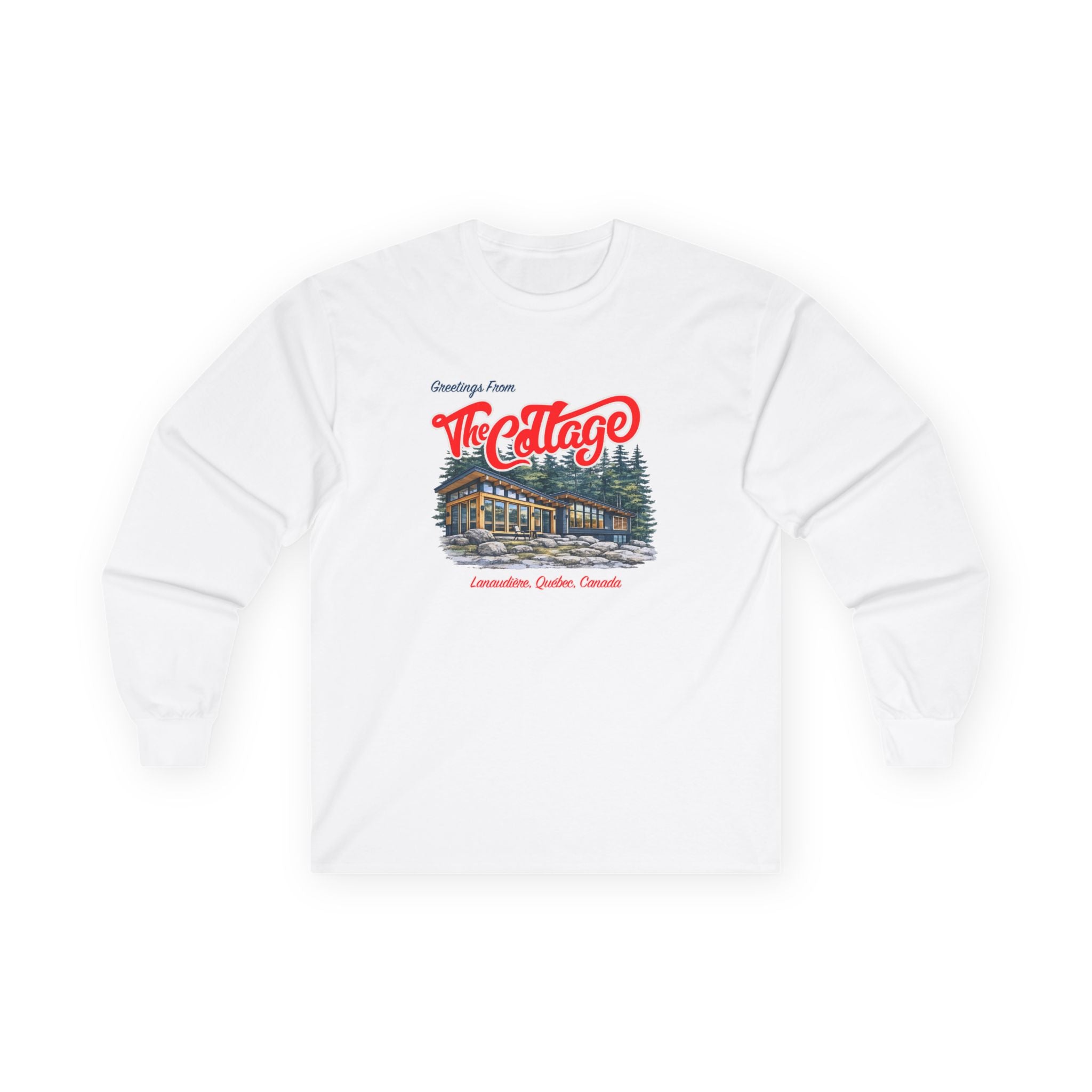 White sweatshirt with a graphic design on a white background