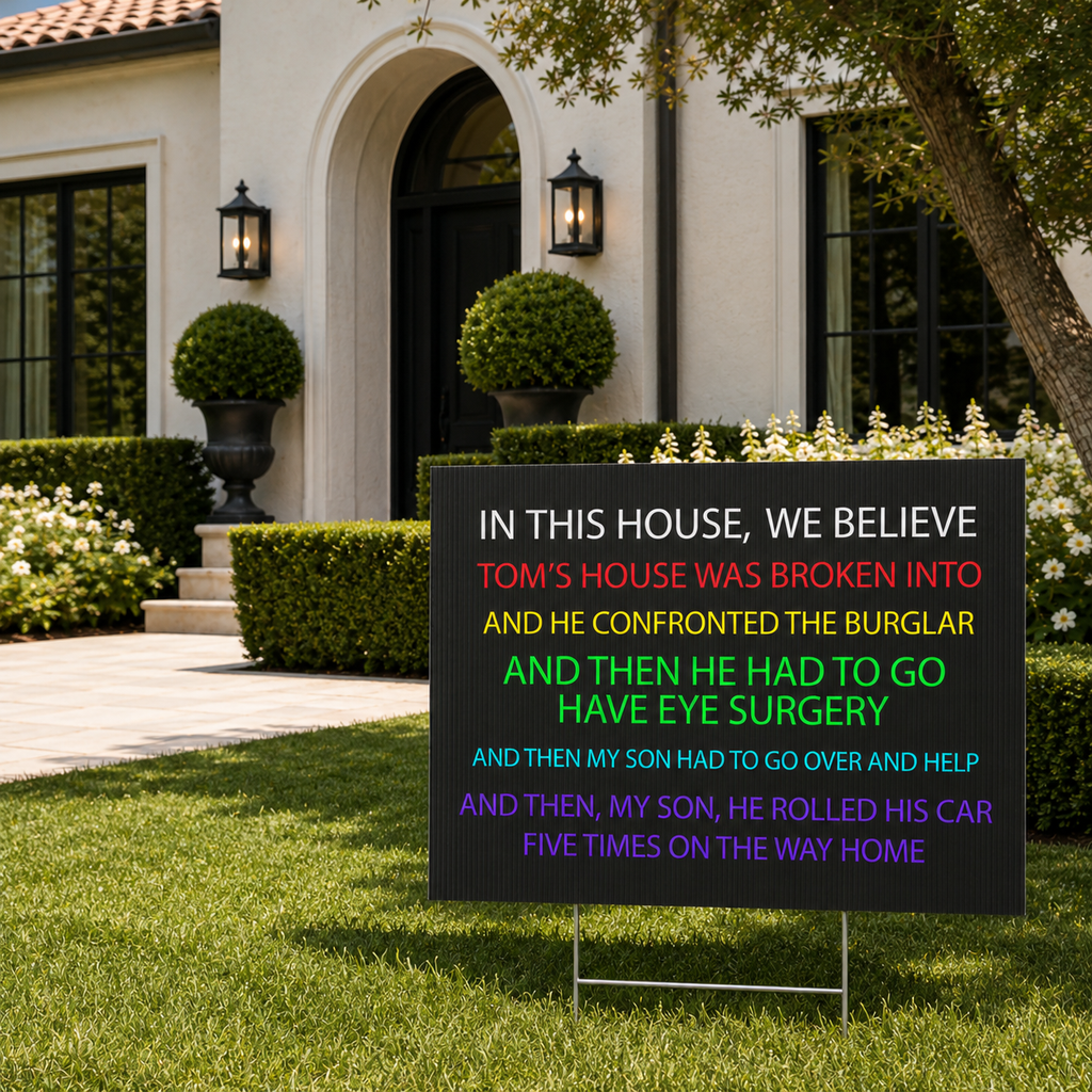 In This House We Believe Tom's House Was Broken Into Yard Sign