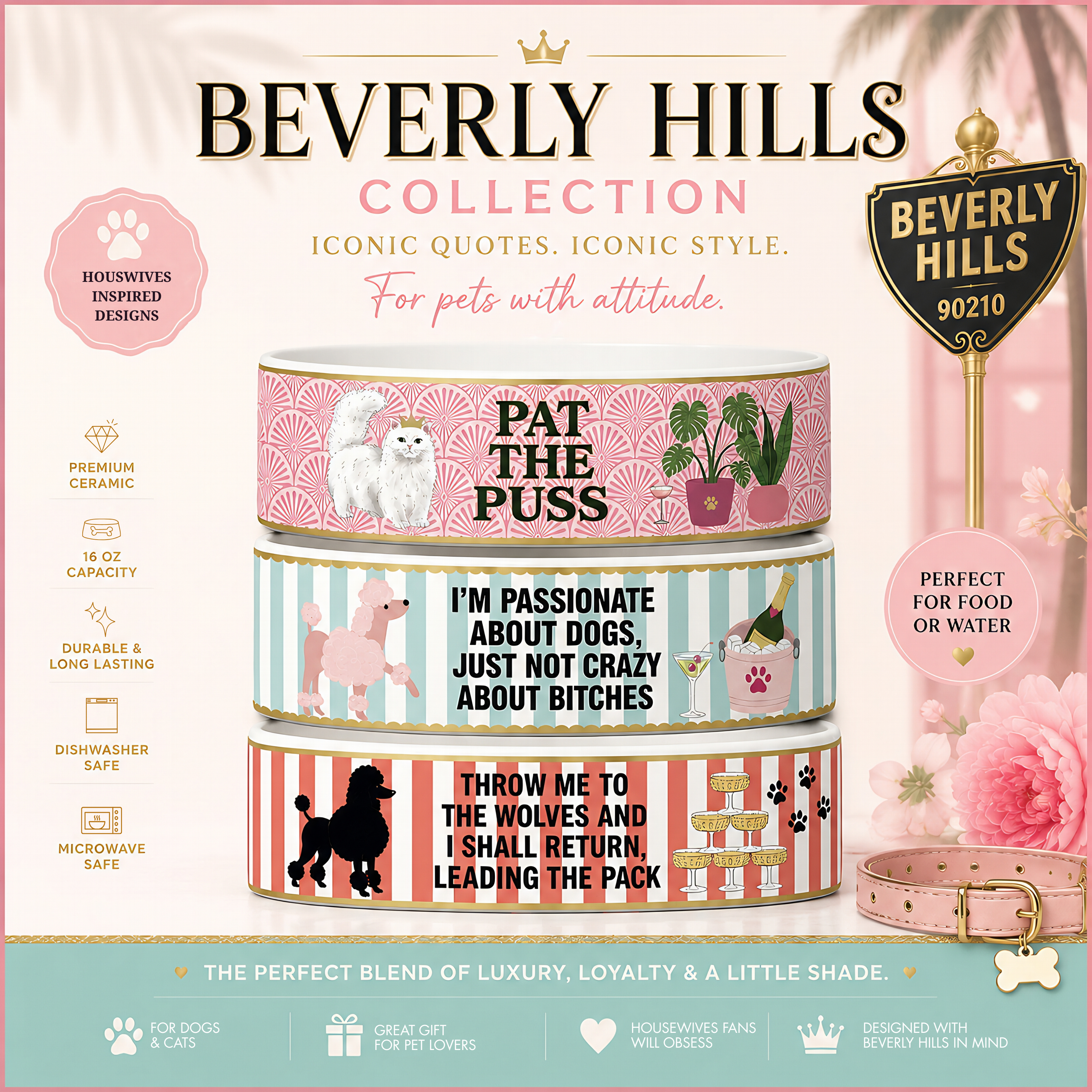 Beverly Hills Not Crazy About Bitches LVP Pet Food Bowl