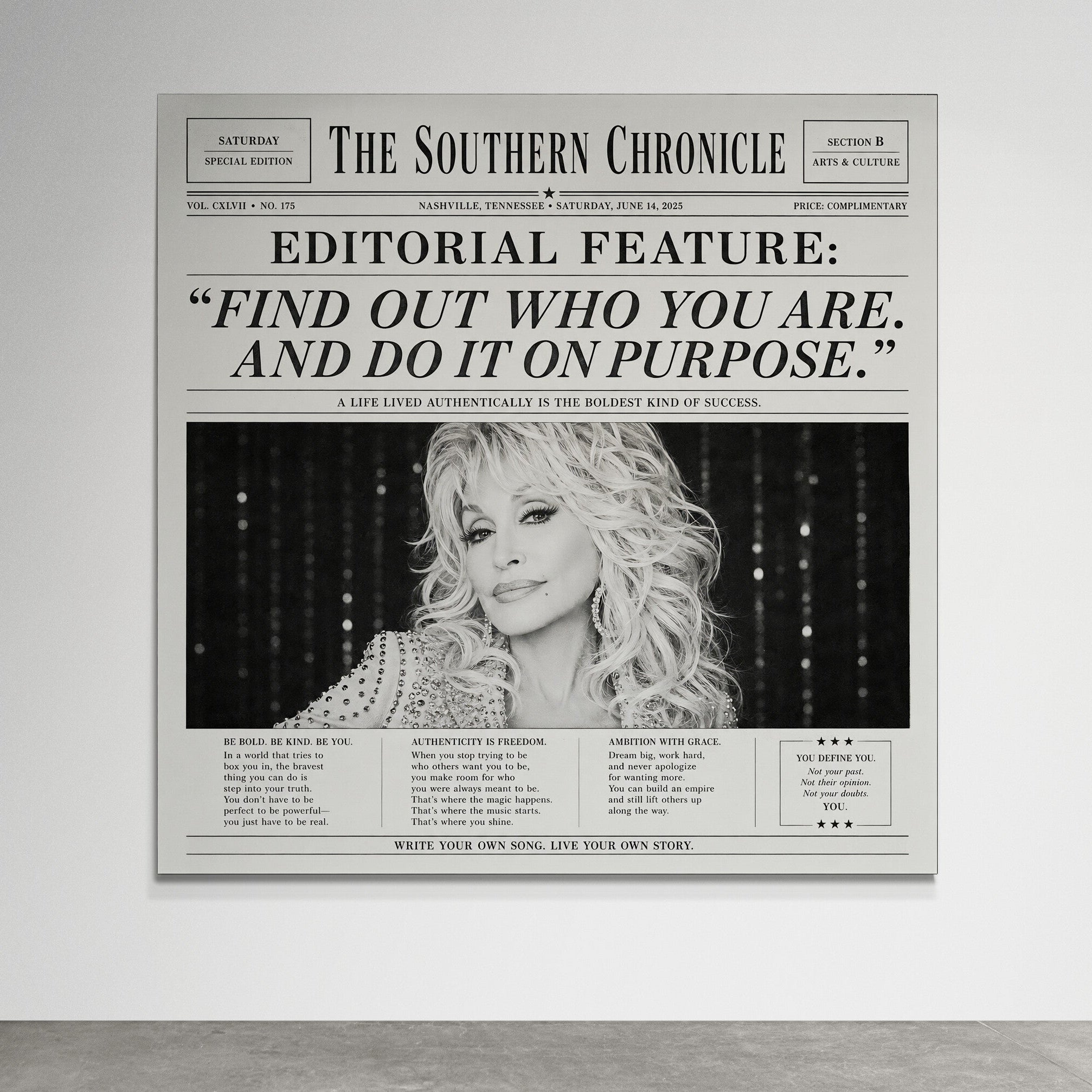Dolly Parton inspired newspaper wall art titled The Southern Chronicle, featuring a vintage black and white editorial layout and the quote “Find out who you are and do it on purpose.”