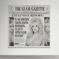 Unframed Dolly Parton inspired newspaper wall art with vintage editorial layout, black and white portrait, bold headline, and country glam styling.