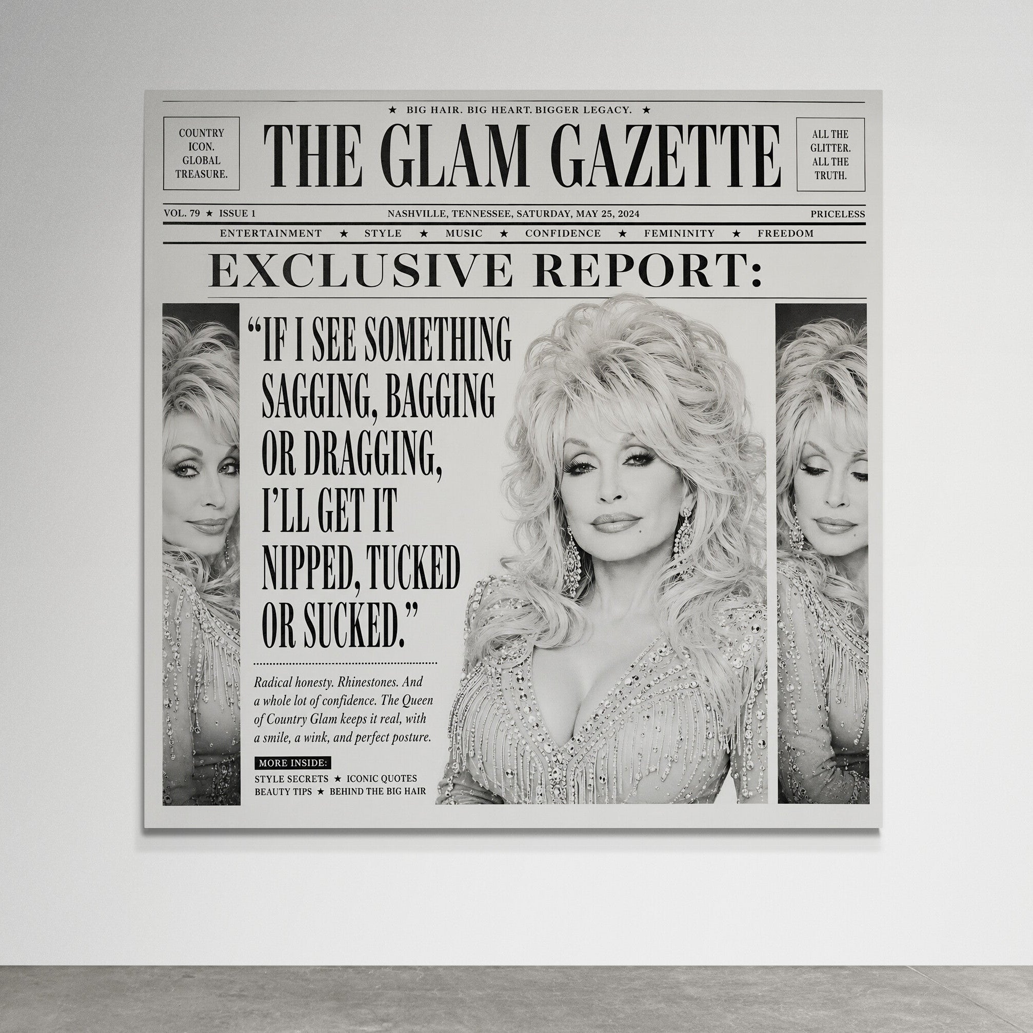 Unframed Dolly Parton inspired newspaper wall art with vintage editorial layout, black and white portrait, bold headline, and country glam styling.