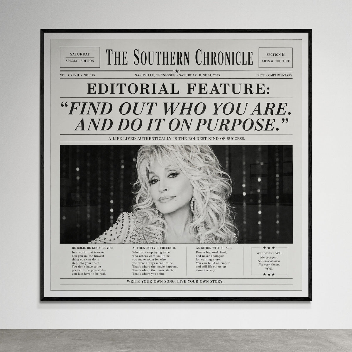 Dolly Parton inspired newspaper wall art titled The Southern Chronicle, featuring a vintage black and white editorial layout and the quote “Find out who you are and do it on purpose.”