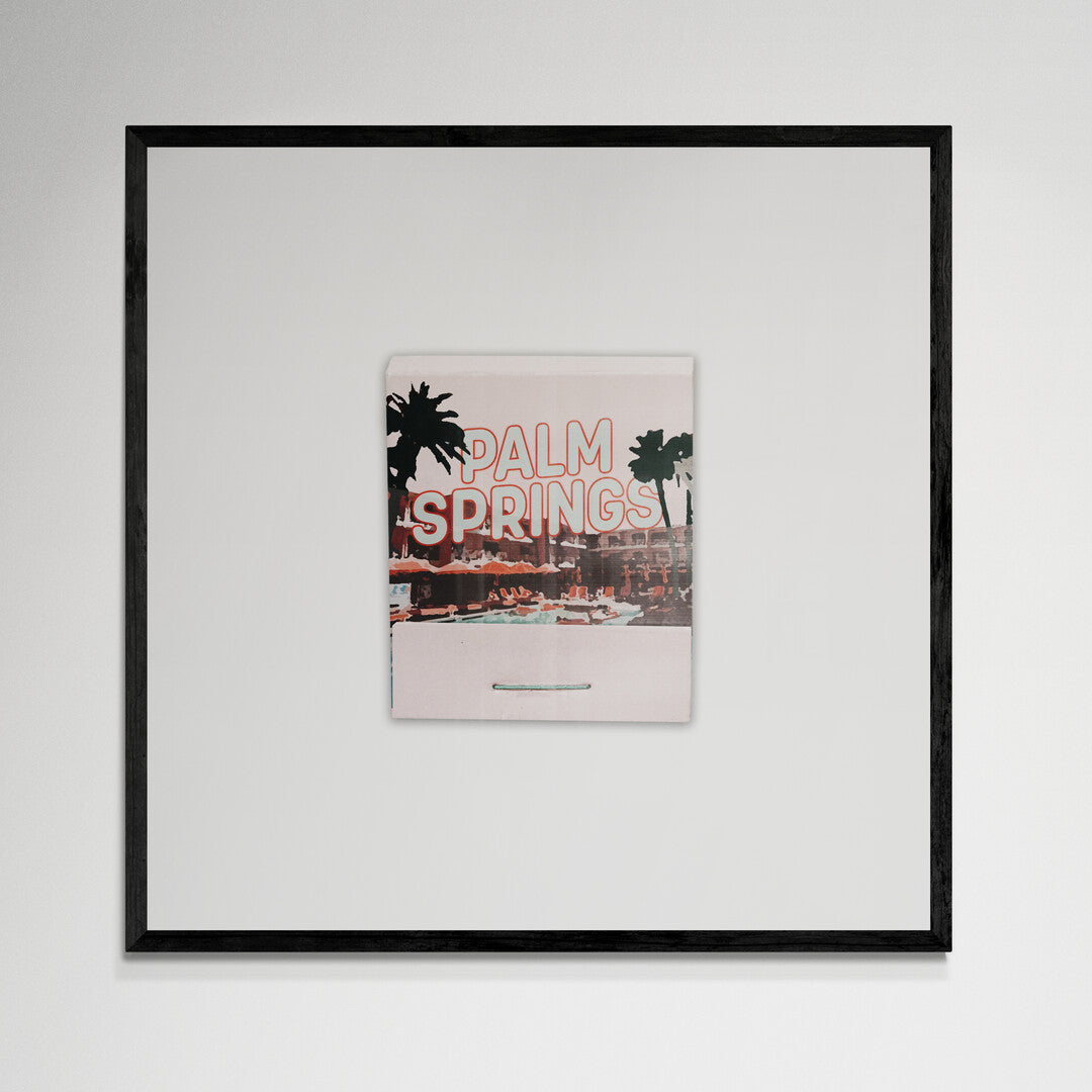 Palm Springs matchbook wall art, black frame, 12x12 inches