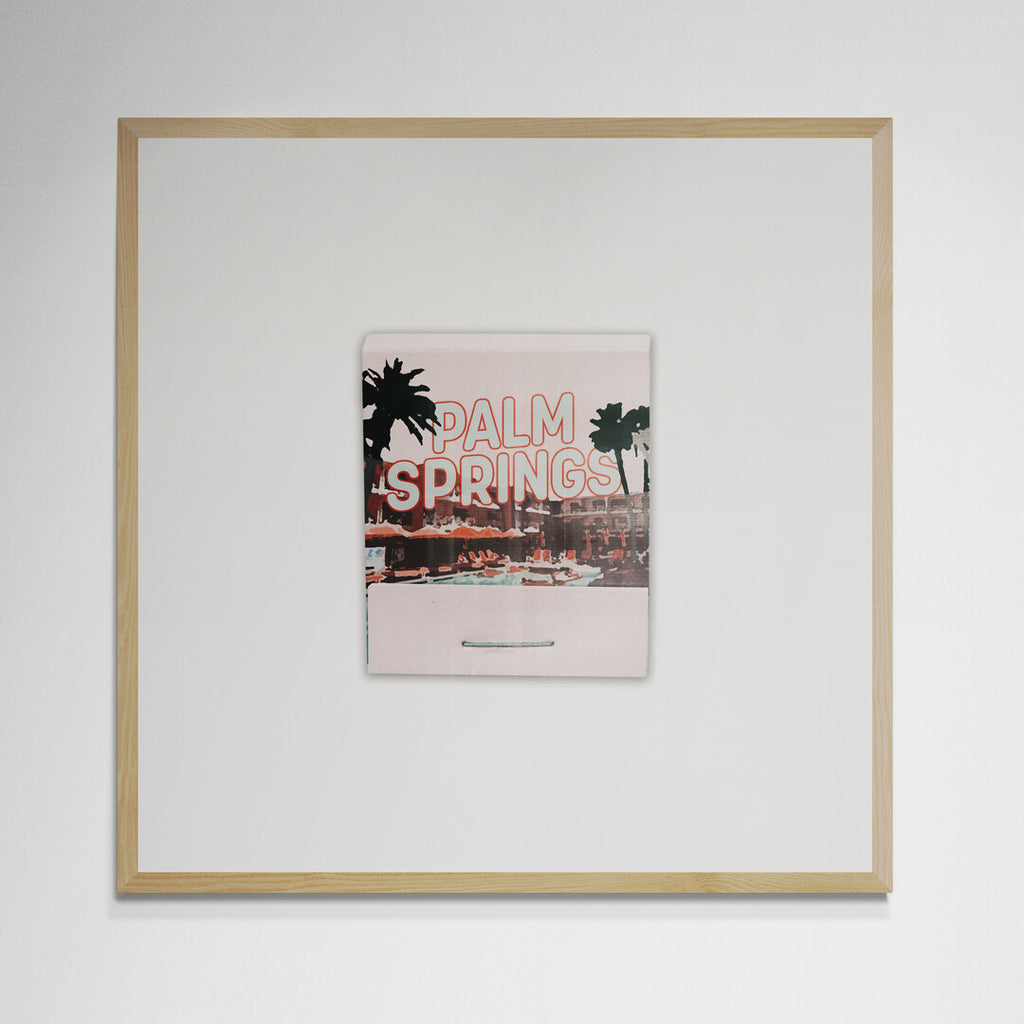 Vintage Palm Springs matchbook print, pink lettering over palms and pool