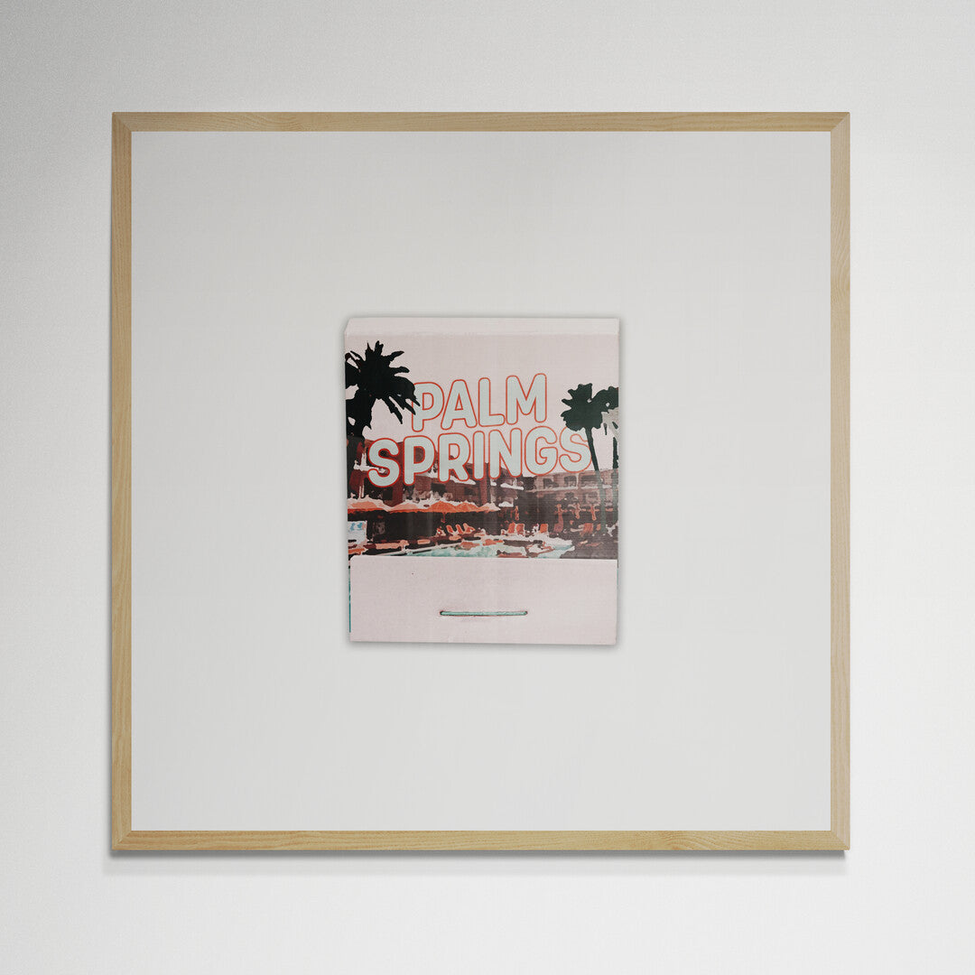 Vintage Palm Springs matchbook print, pink lettering over palms and pool