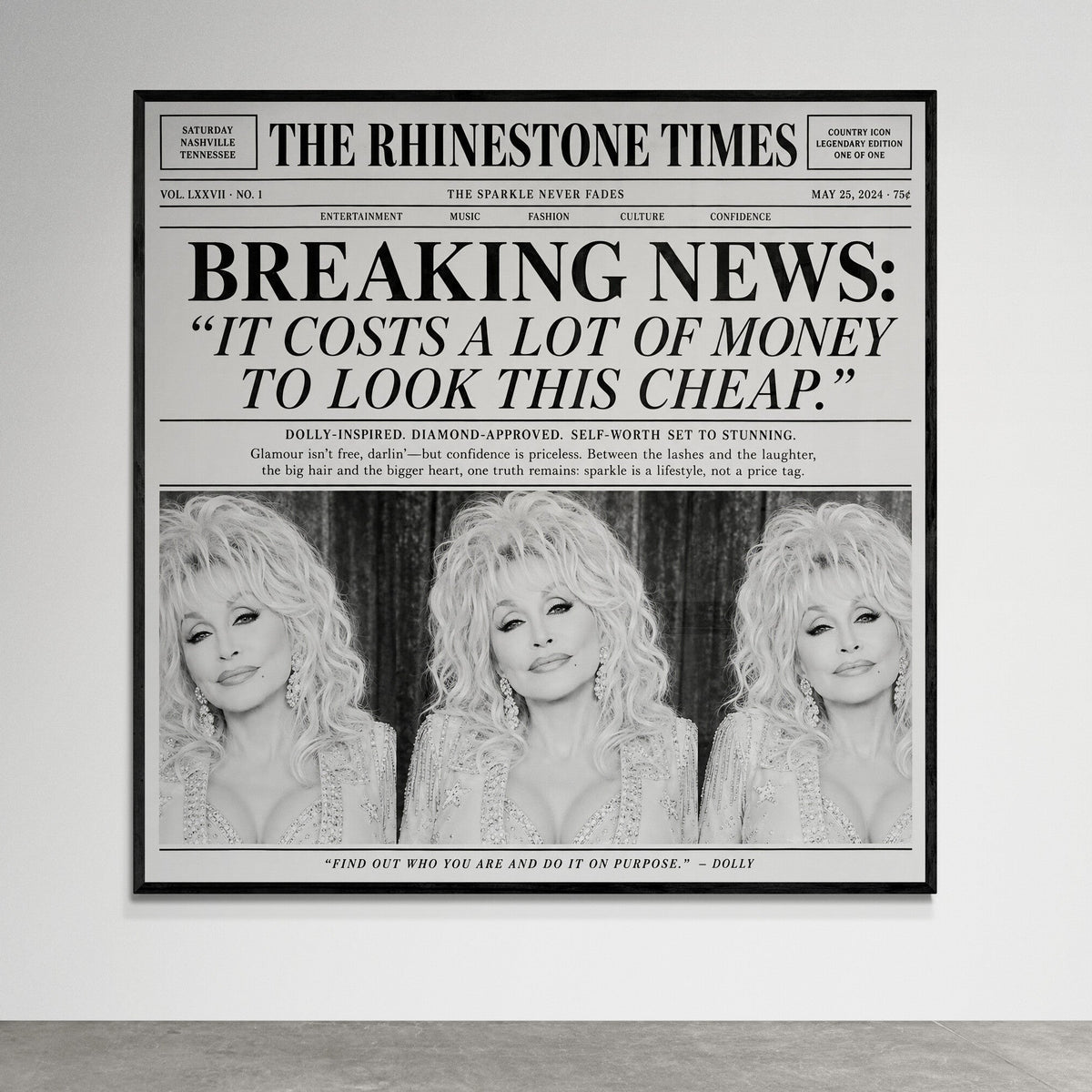 Dolly Parton inspired newspaper wall art titled The Rhinestone Edition, displayed in a gold frame with white mat and vintage editorial styling.