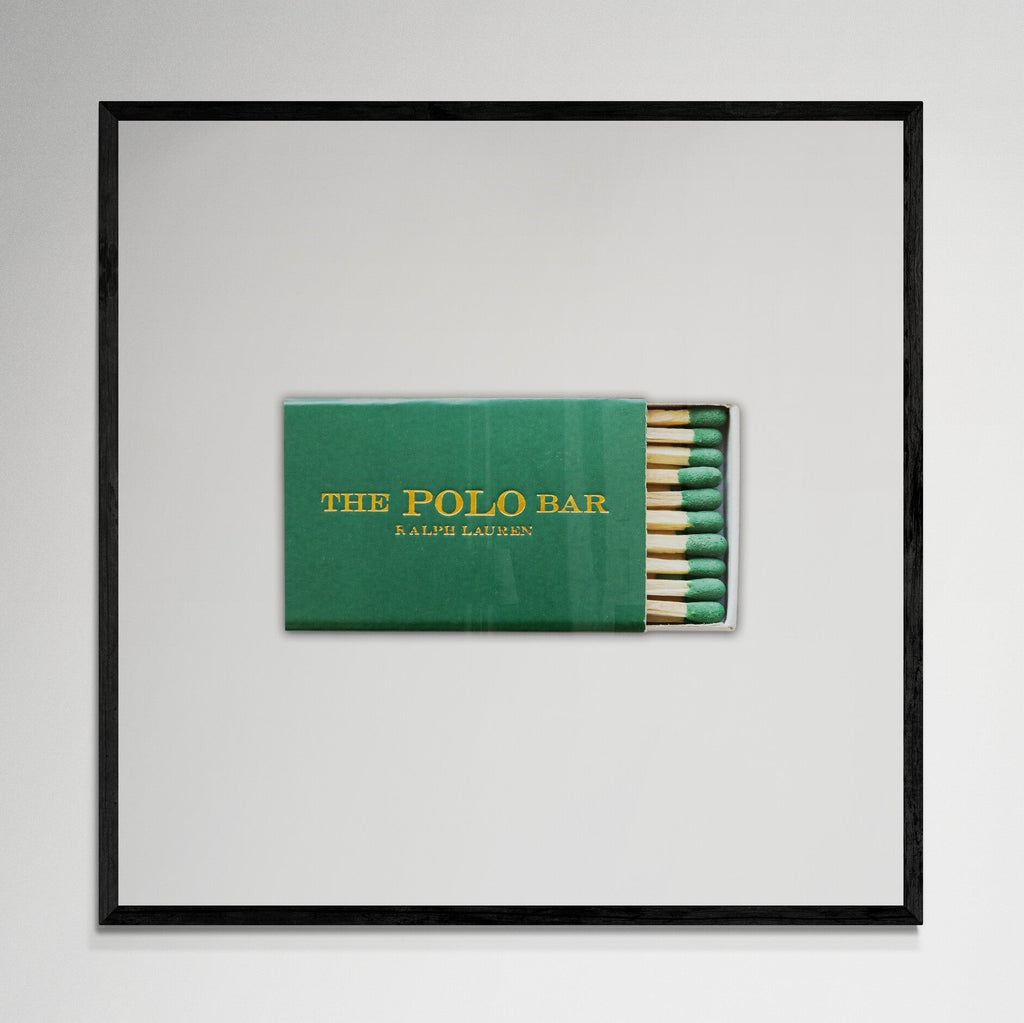 The Polo Bar matchbook wall art, black frame, 12x12 inches