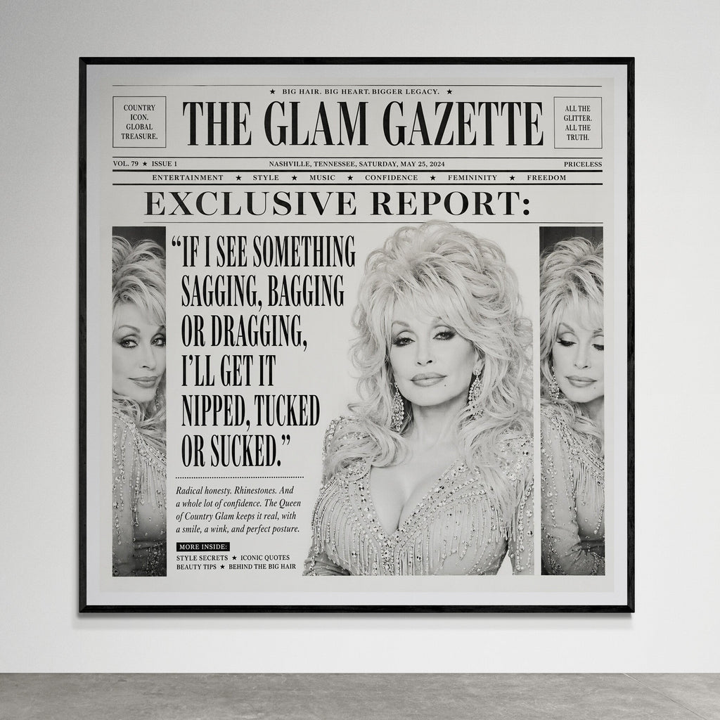 Dolly Parton inspired newspaper wall art titled The Rhinestone Edition, displayed in a gold frame with white mat and vintage editorial styling.