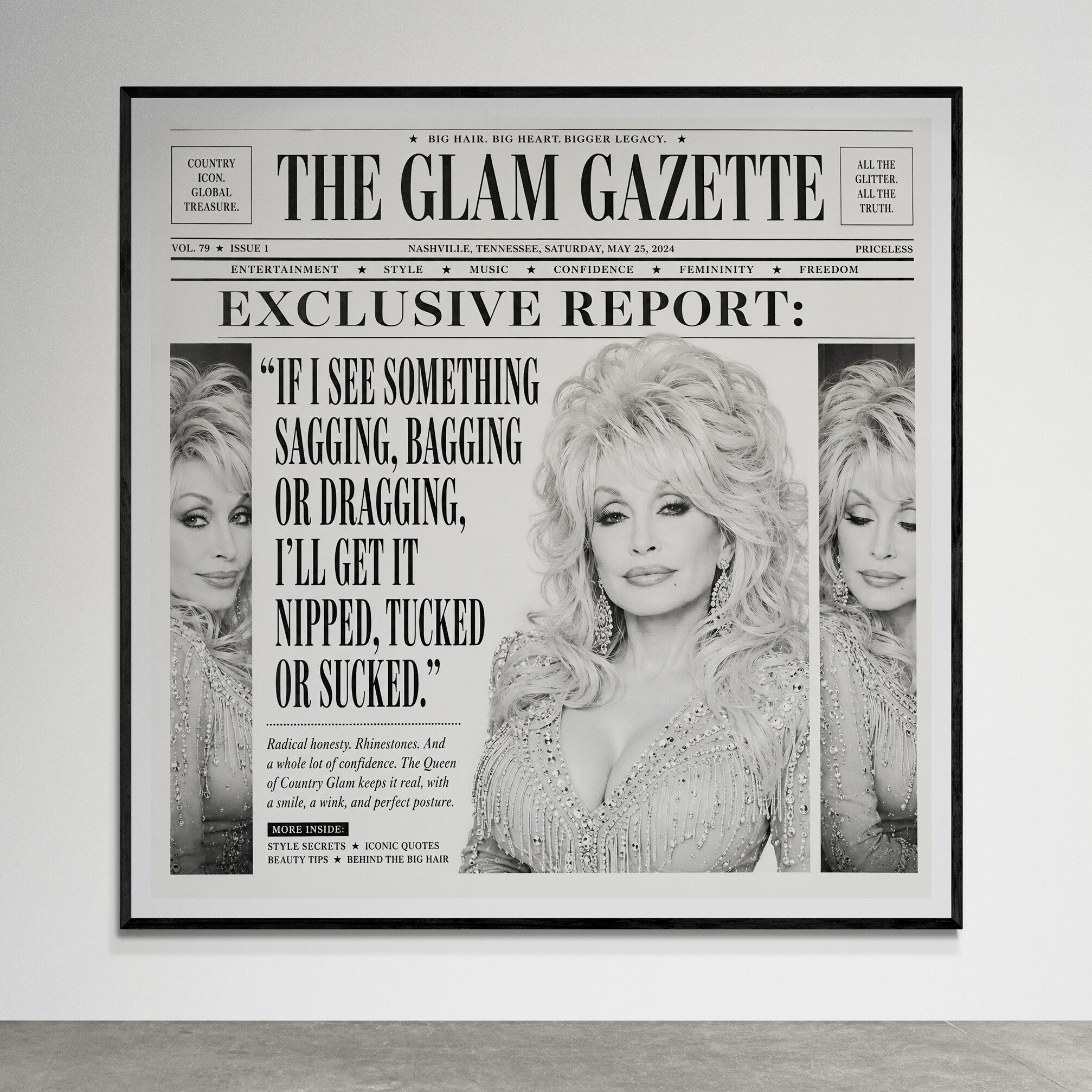 Dolly Parton inspired newspaper wall art titled The Rhinestone Edition, displayed in a gold frame with white mat and vintage editorial styling.