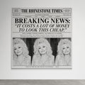 Unframed or canvas Dolly Parton inspired newspaper artwork titled The Rhinestone Edition with vintage typography, retro editorial layout, and glamorous country styling.
