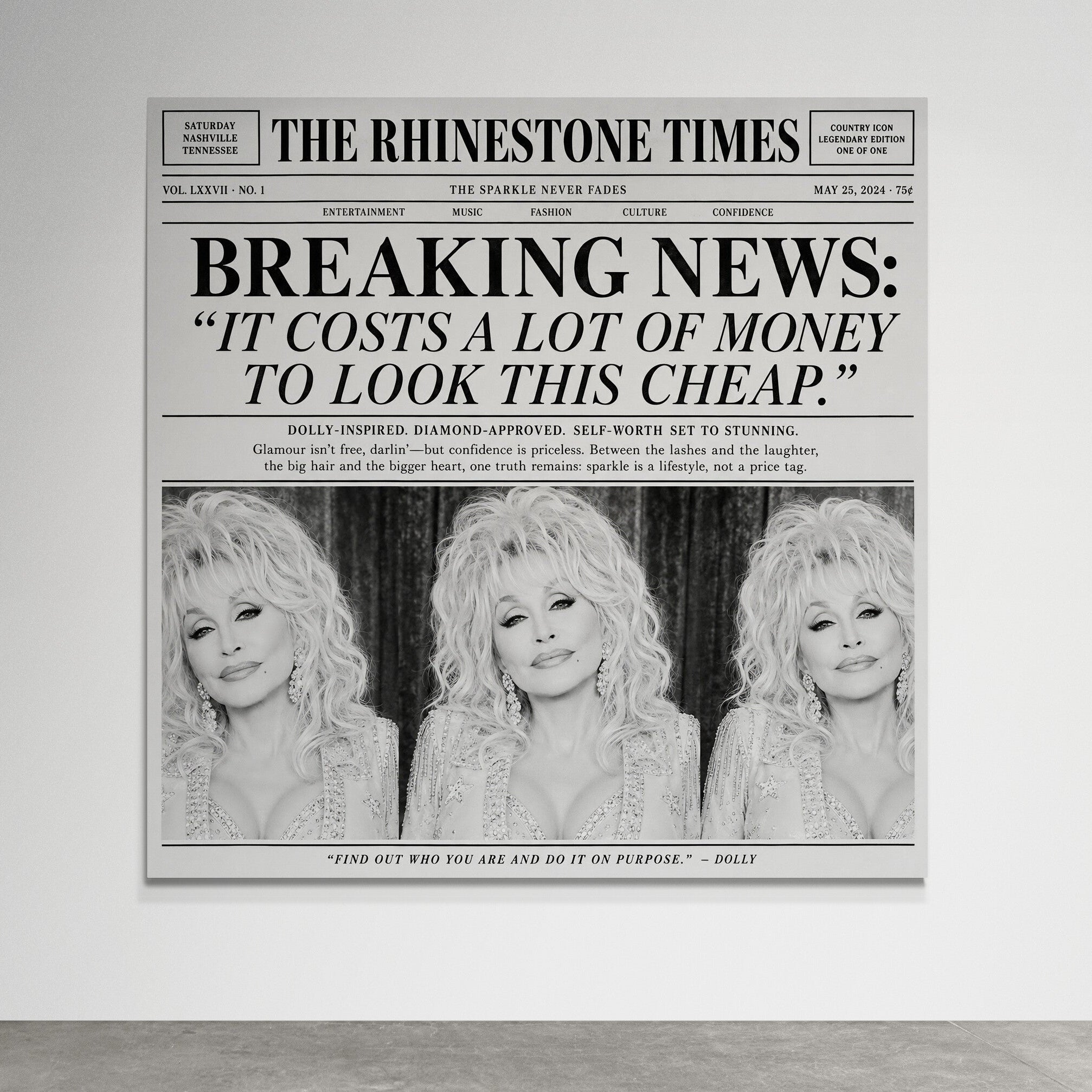 Unframed or canvas Dolly Parton inspired newspaper artwork titled The Rhinestone Edition with vintage typography, retro editorial layout, and glamorous country styling.