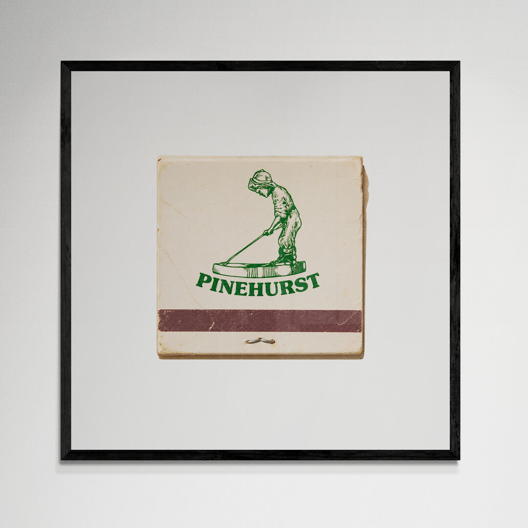 Pinehurst matchbook wall art, black frame, 12x12 inches
