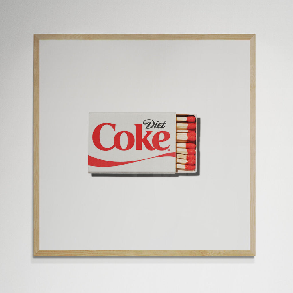 Diet Coke matchbox print, red and white Spencerian script logo