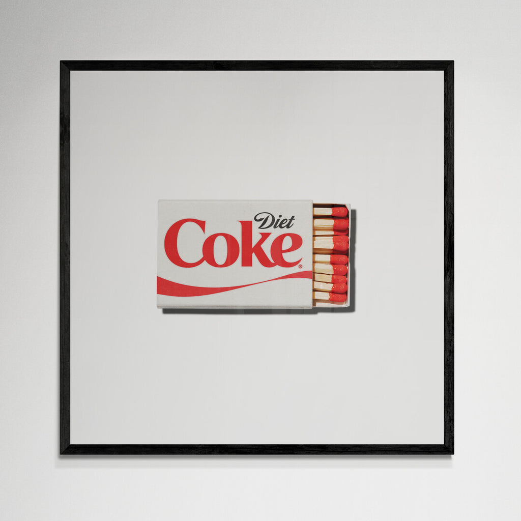 Diet Coke matchbox wall art, black frame, 12x12 inches