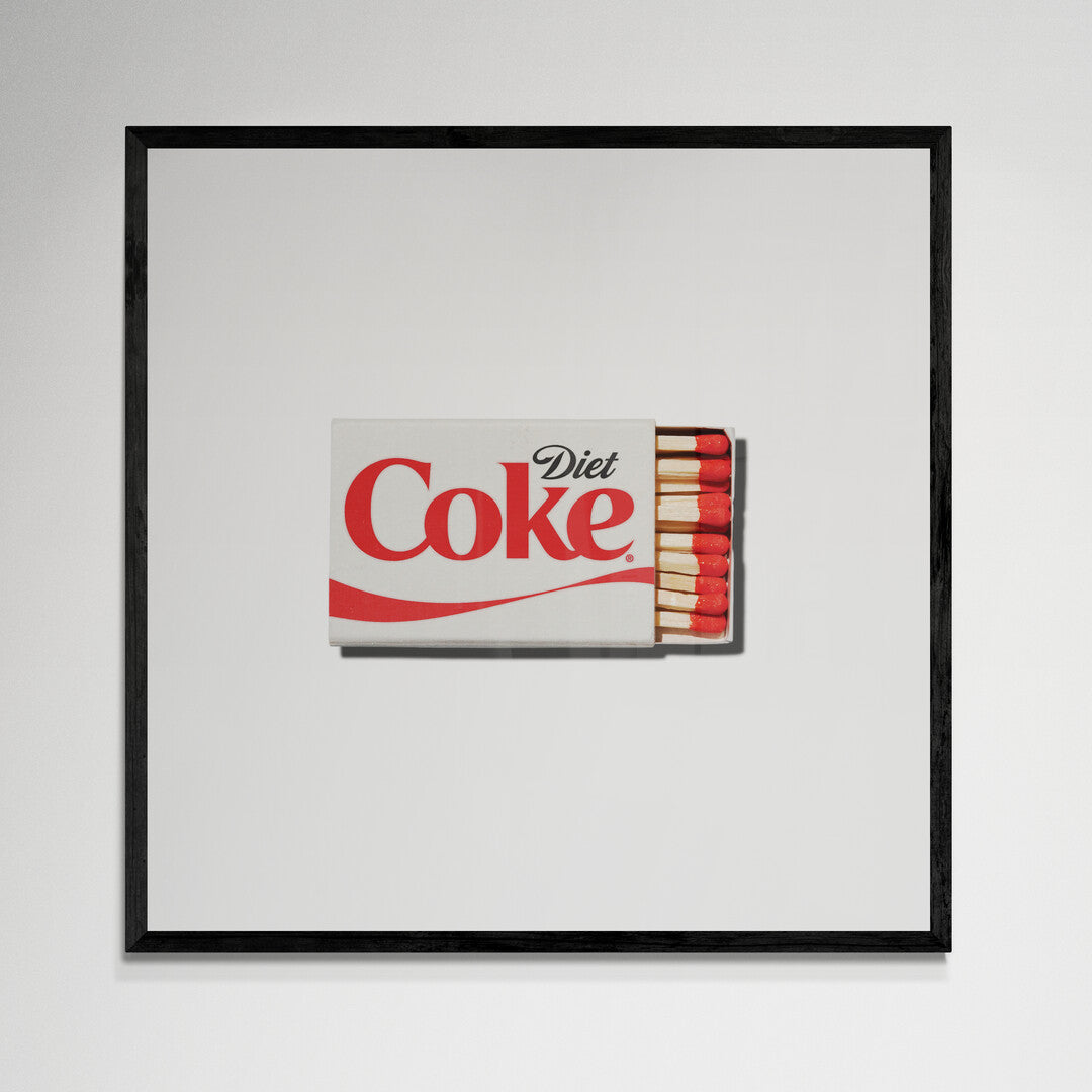 Diet Coke matchbox wall art, black frame, 12x12 inches