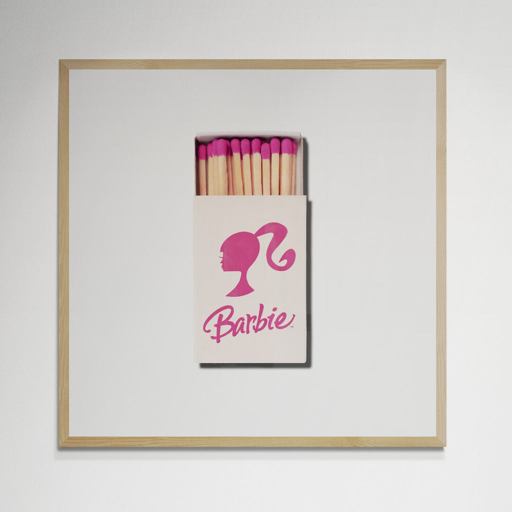 Barbie matchbox print, pink silhouette and script logo on white