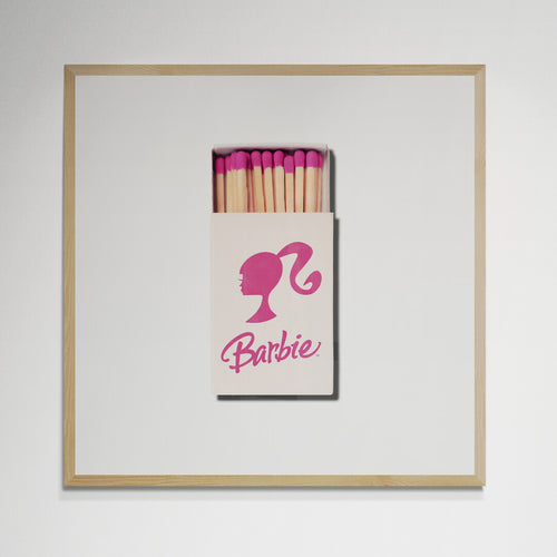 Barbie matchbox print, pink silhouette and script logo on white
