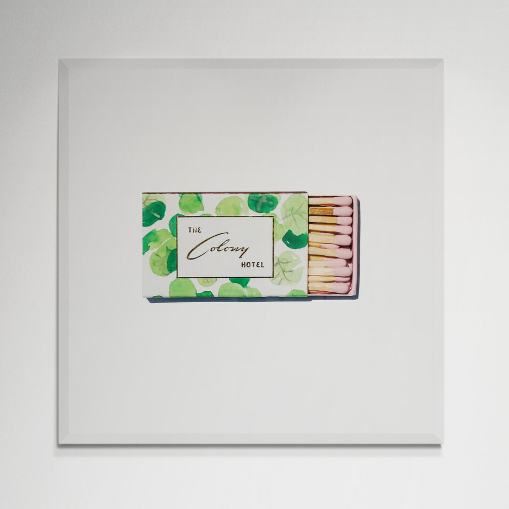 Colony Hotel Palm Beach matchbook print in white frame on wall