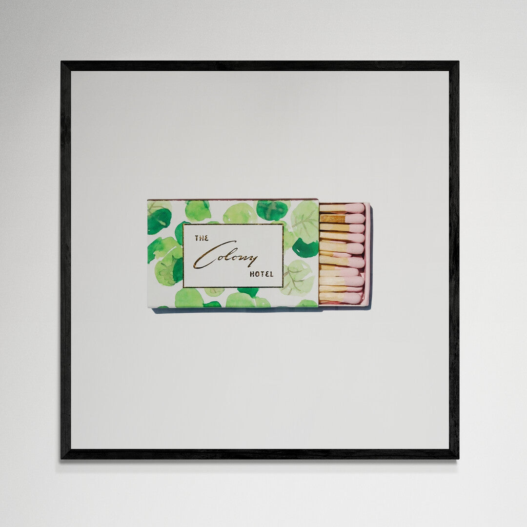 Colony Hotel matchbook wall art, black frame, 12x12 inches