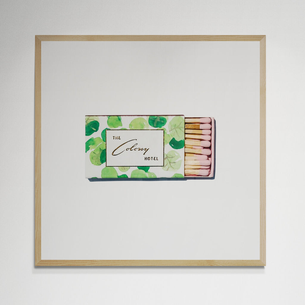 The Colony Hotel matchbook print, green watercolor and gold script design