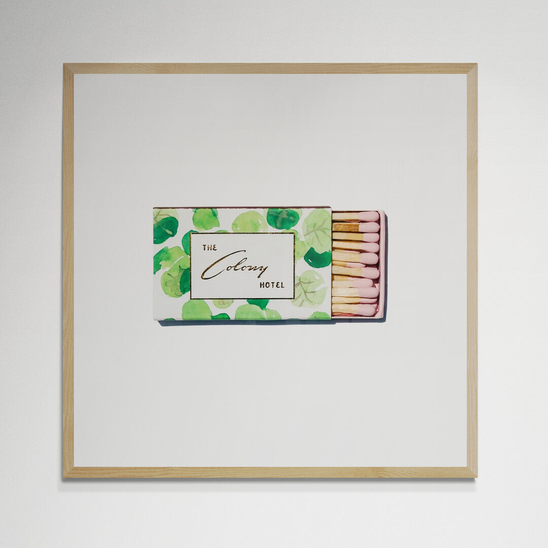 The Colony Hotel matchbook print, green watercolor and gold script design