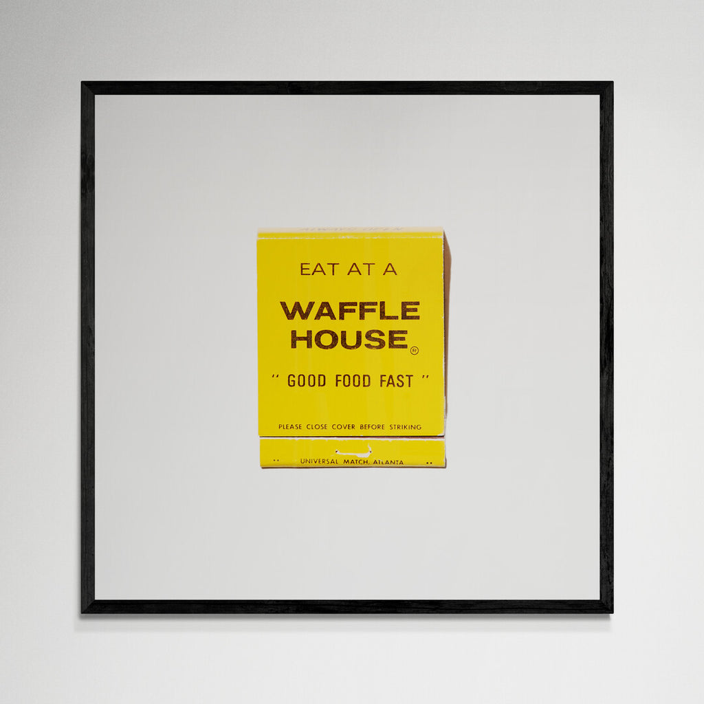 Waffle House matchbook wall art, black frame, 12x12 inches