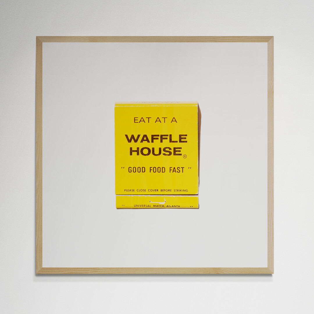 Vintage Waffle House matchbook print, yellow and black diner design