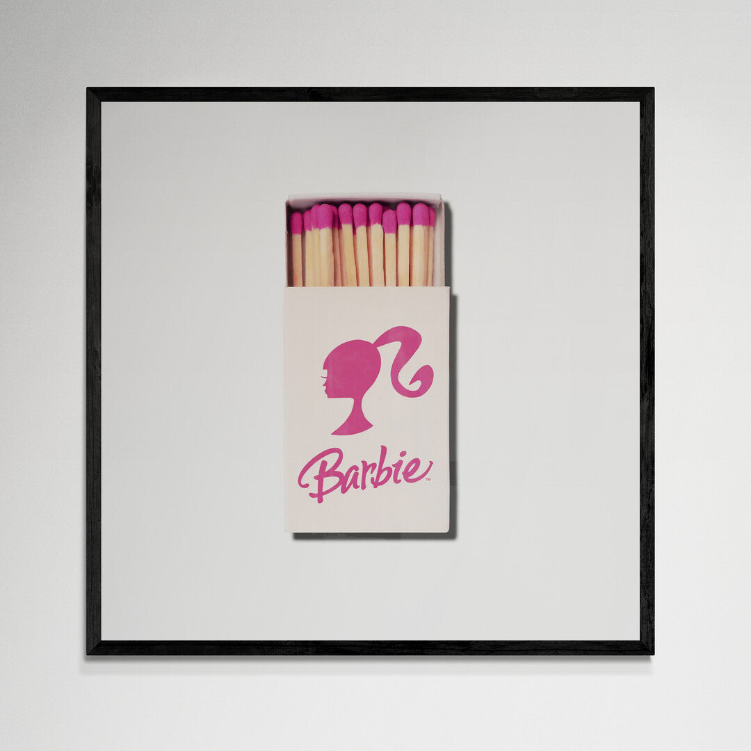 Barbie matchbox wall art, black frame, 12x12 inches