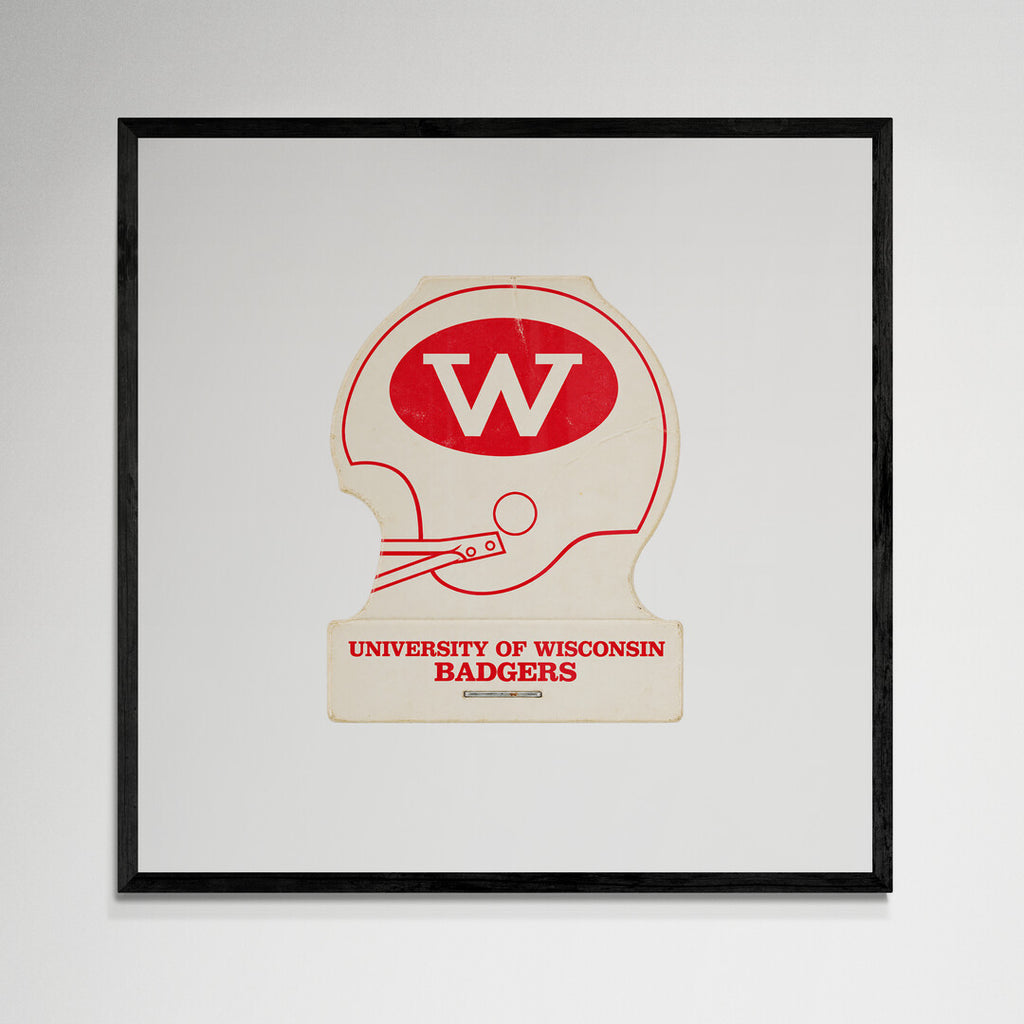Framed University of Wisconsin helmet matchbook print, black frame