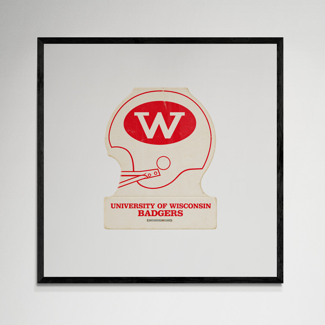 Framed University of Wisconsin helmet matchbook print, black frame