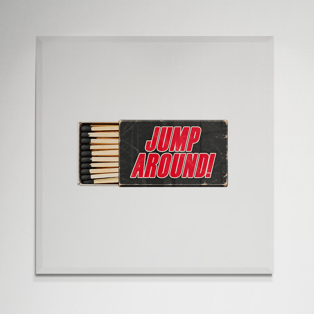 Wisconsin Jump Around matchbook print in white frame on wall