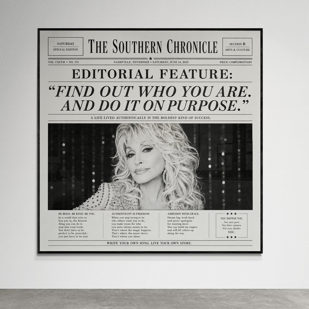 Dolly Parton inspired newspaper wall art titled The Southern Chronicle, featuring a vintage black and white editorial layout and the quote “Find out who you are and do it on purpose.”
